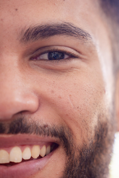 Smile, Half And Face Of A Businessman With Mockup At Work, Recruitment And Happy At Professional Company. Hiring Office, Human Resources And Portrait Of A Worker With Happiness And Mock Up Space